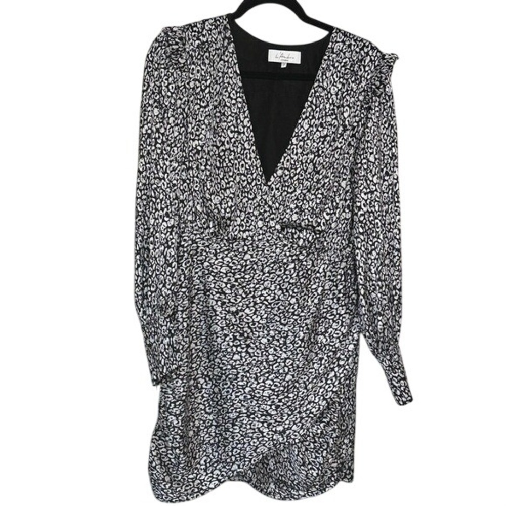 L' Academie Black and White Ruched Wrap Dress with Bishop‎ Sleeves